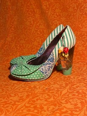 Irregular Choice pumps,mint stripes,polka dots/blue floral,bow,charms,clear heel